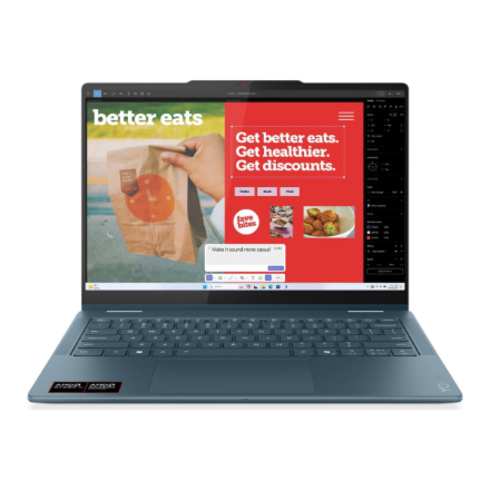 Lenovo Yoga 7 2-in-1 14AKP10 AMD | Tidal Teal | 14 " | OLED | WUXGA | 1920 x 1200 pixels | AMD Ryzen AI 7 | 350 | 16 GB | Soldered LPDDR5 | Solid-state drive capacity 512 GB | AMD Radeon 860M Graphics | Windows 11 Home | 802.11be | Bluetooth version 5.4 | Keyboard language English | Keyboard backlit | Warranty 24 month(s) | Battery warranty 12 month(s)