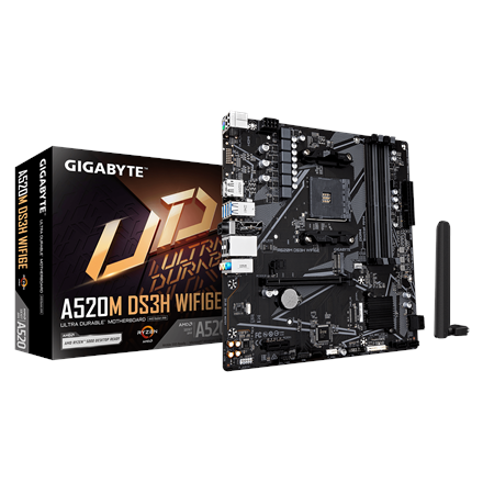 Gigabyte A520M DS3H WIFI6E | Processor family AMD | Processor socket AM4 | DDR4 | Supported hard disk drive interfaces SATA, M.2 | Number of SATA connectors 4