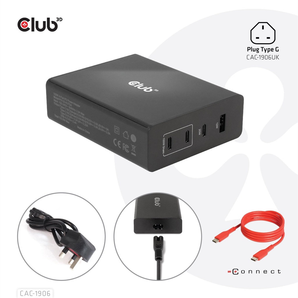 Charger | Club3d CAC-1906 Mobile Travel Charger Usb-c 132W GAN